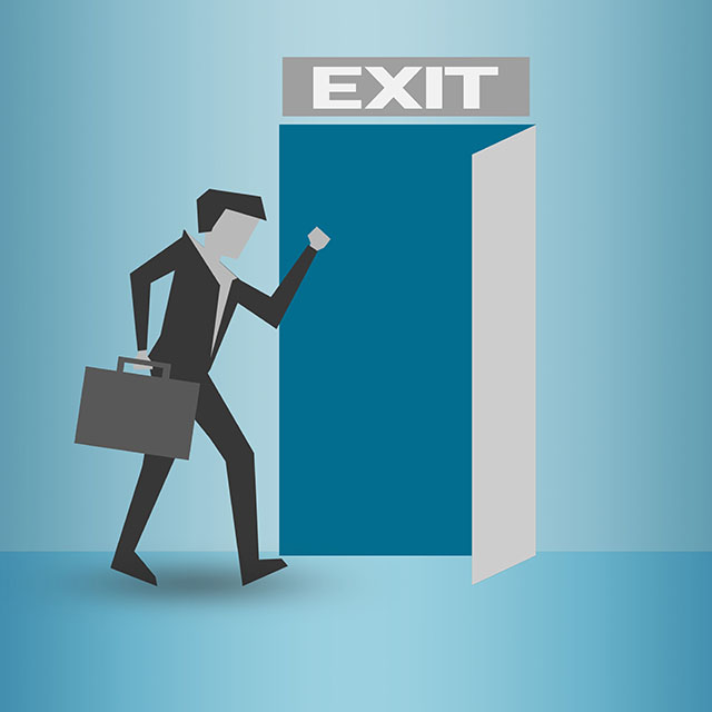 Exit Sign with a blue door and someone in a business suit with a briefcases witching firms or leaving an office